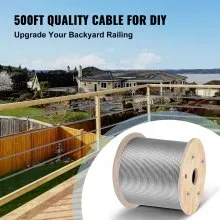 VEVOR Stainless Steel Cable Railing 1/8"x 500ft, Wire Rope 316 Marine Grade, Braided Aircraft Cable 1x19 Strands Construction for Deck Rail Balusters Stair Handrail Porch Fence