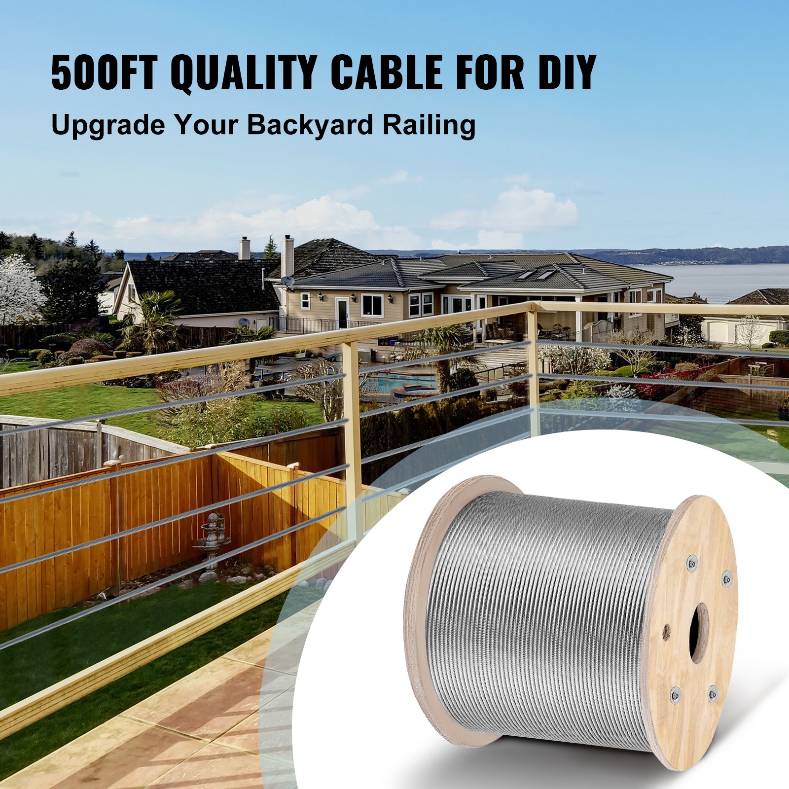 VEVOR 316 Stainless Steel Cable 1/8" 1x19 Steel Cable Wire Rope 150M/500FT Cable Railing Transport Wire Rope Cable for Railing Decking DIY Balustrade(150M)