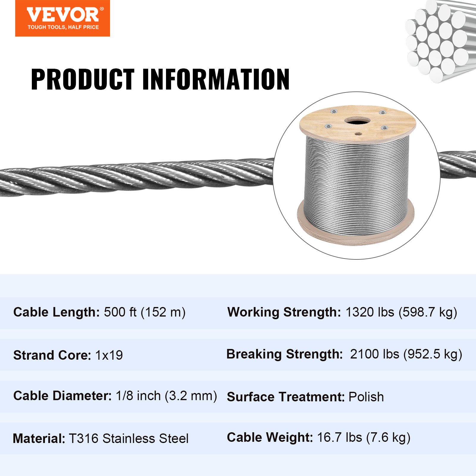 VEVOR 316 Stainless Steel Cable 1/8" 1x19 Steel Cable Wire Rope 150M/500FT Cable Railing Transport Wire Rope Cable for Railing Decking DIY Balustrade(150M)