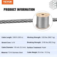 VEVOR T316 Stainless Steel Wire Rope Cable High Strength Tension Flexible Stainless Steel Cable OD 3.2MM Length 1000Ft 11.14KN Cable Railing(300M)