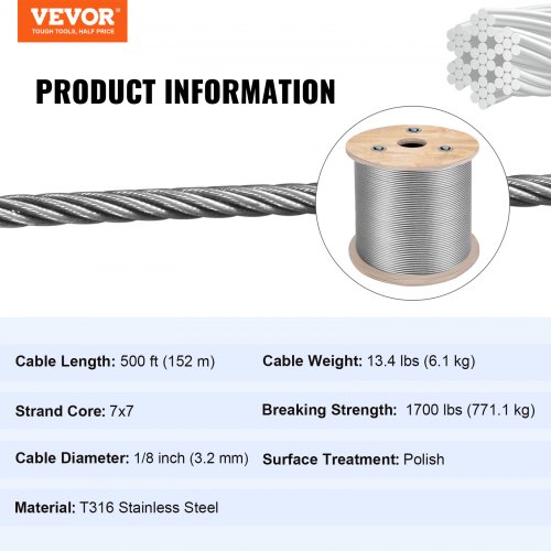VEVOR Stainless Steel Cable Railing 1/8 Inch, Wire Rope 500 Feet 7x7, Braided Aircraft Cable Strands Construction for Deck,Rail,Balusters,Stair,Handrail,Porch,Fence