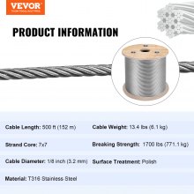 VEVOR 1/8 Stainless Steel Cable Railing 500ft, Wire Rope 316 Marine Grade, Braided Aircraft Cable 7x7 Strands Construction for Deck Rail Balusters Stair Handrail Porch Fence