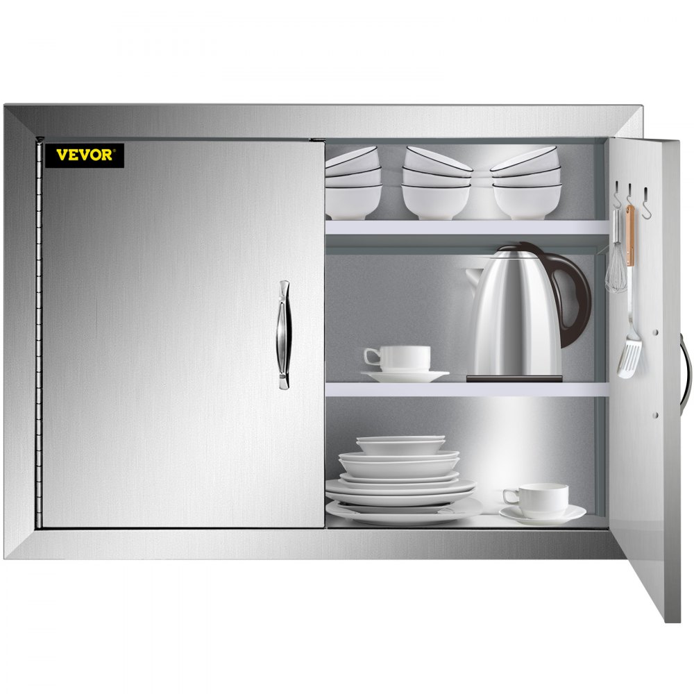 VEVOR bbq double access door with shelves holding dishes and a stainless steel kettle.