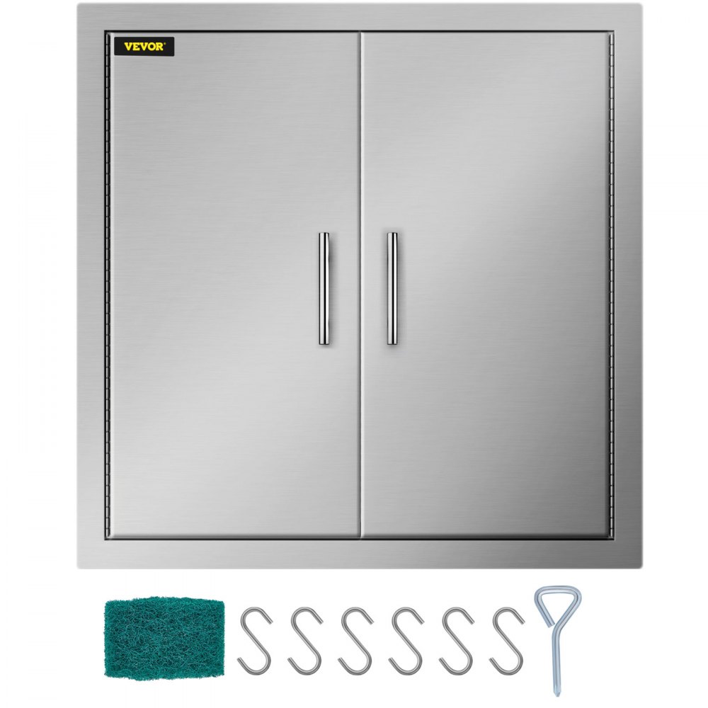 stainless steel VEVOR bbq access door with handles, sponge, s hooks, and wrench.