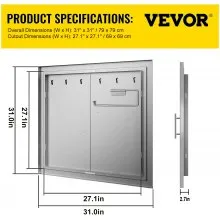 VEVOR 31 Inch BBQ Access Door 304 Stainless Steel BBQ Island 31W x 31H Inchs Double Door with Paper Towel Holder for Outdoor Kitchen