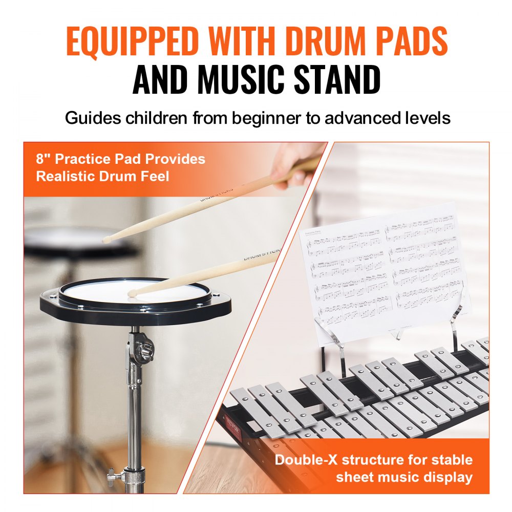 VEVOR glockenspiel kit with 8&quot; drum pads and double-x music stand for beginners to advanced learners.