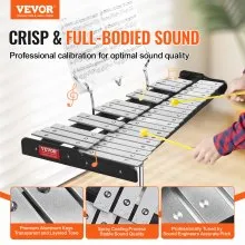 VEVOR 32 Note Glockenspiel Xylophone Bell Kit, Professional Percussion Instrument Set with Mallets, Drum Sticks, Music Stand,  8" Practice Pad, Adjustable Stand and Carrying Bag for Students & Adults