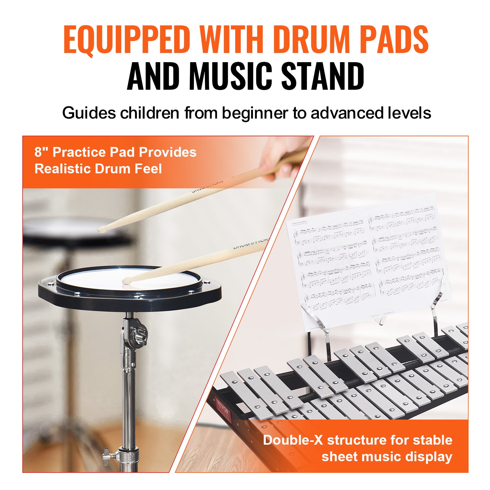 VEVOR glockenspiel kit with 8&quot; drum pads and double-x music stand for beginners to advanced learners.