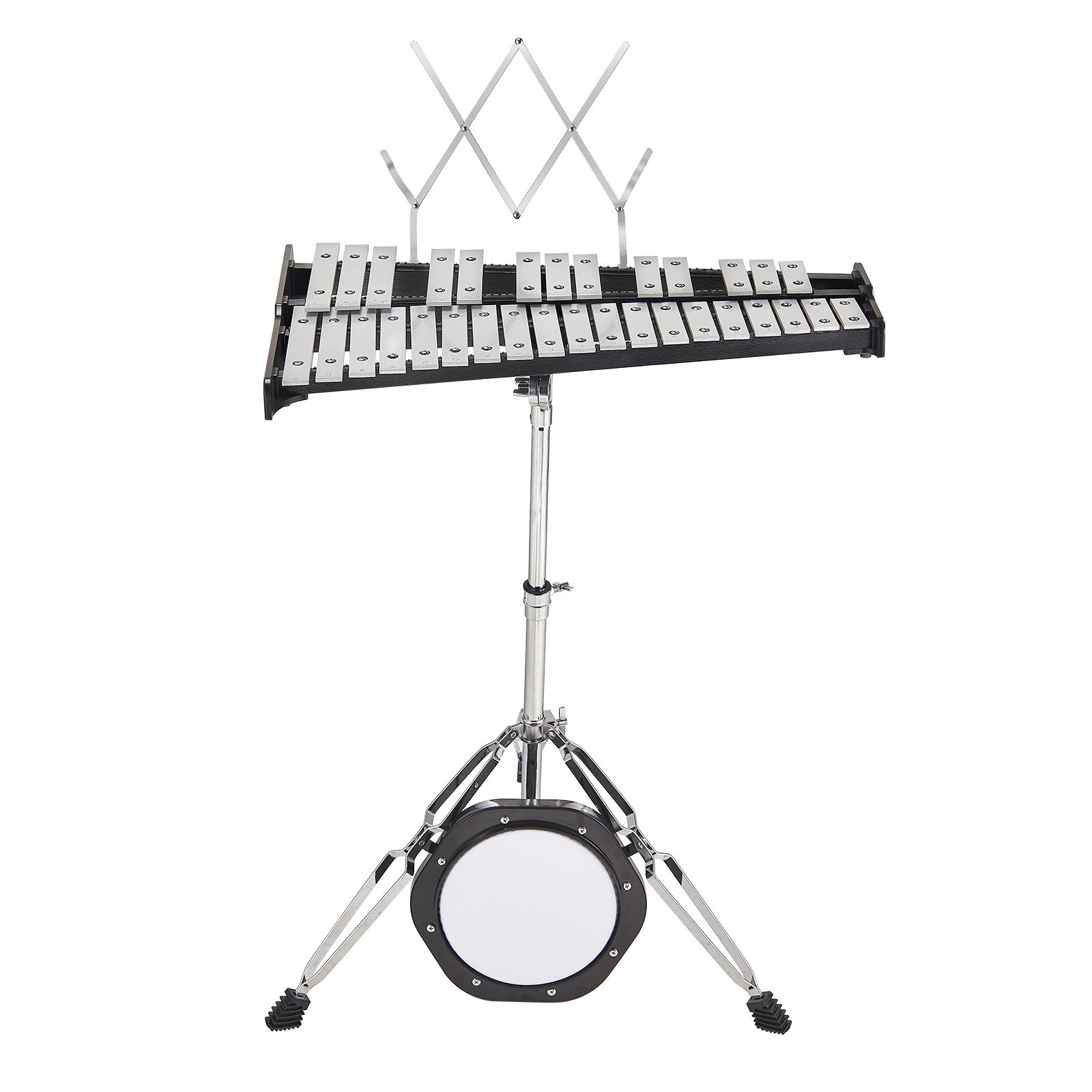 VEVOR glockenspiel kit with adjustable stand and drum pad, featuring metal keys and a music holder.