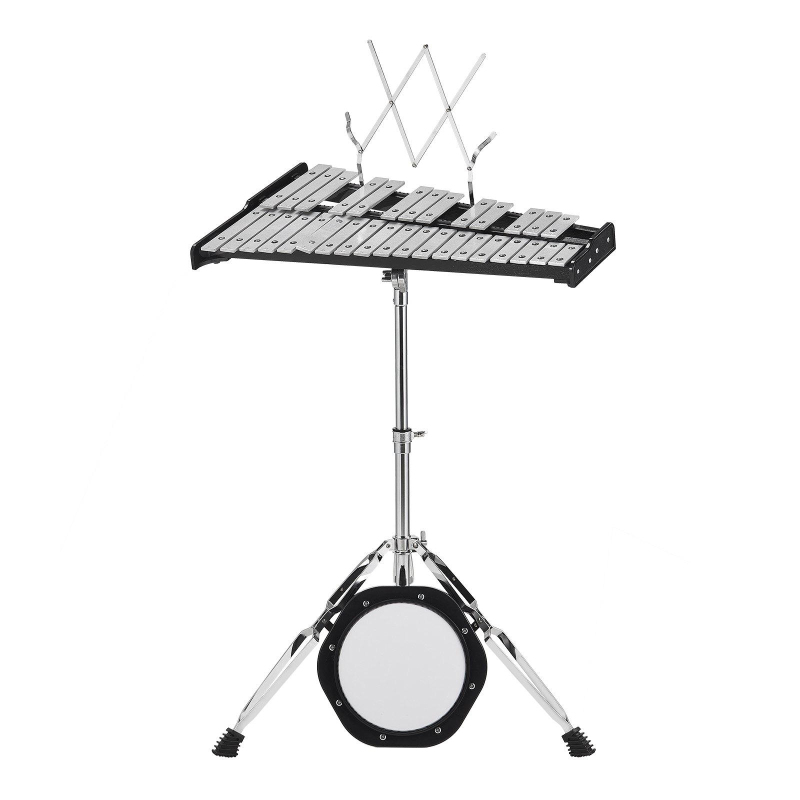 VEVOR glockenspiel kit with stand, music holder, and practice pad on tripod base.