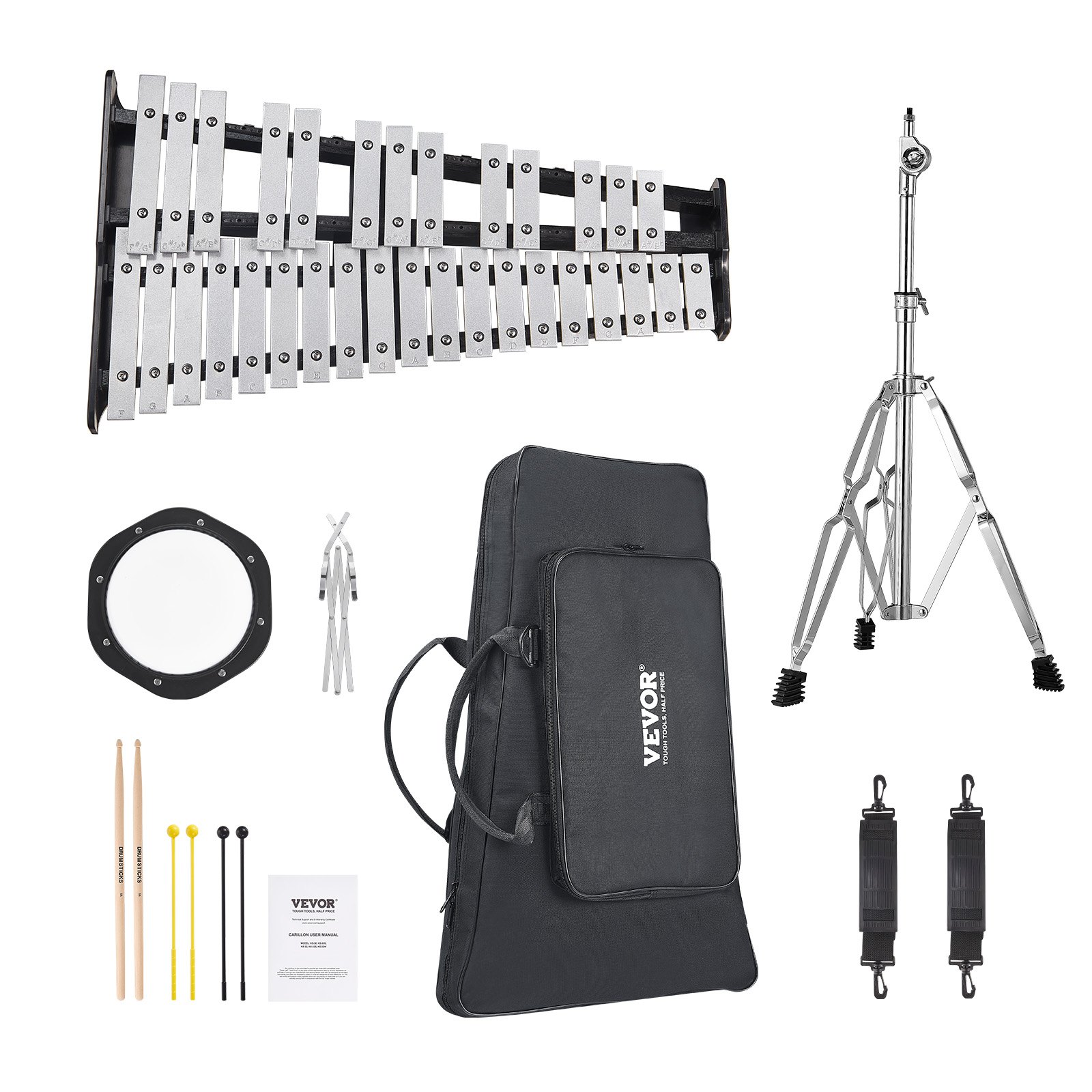 VEVOR glockenspiel kit with xylophone, stand, drum pad, mallets, drumsticks, carrying bag, straps.