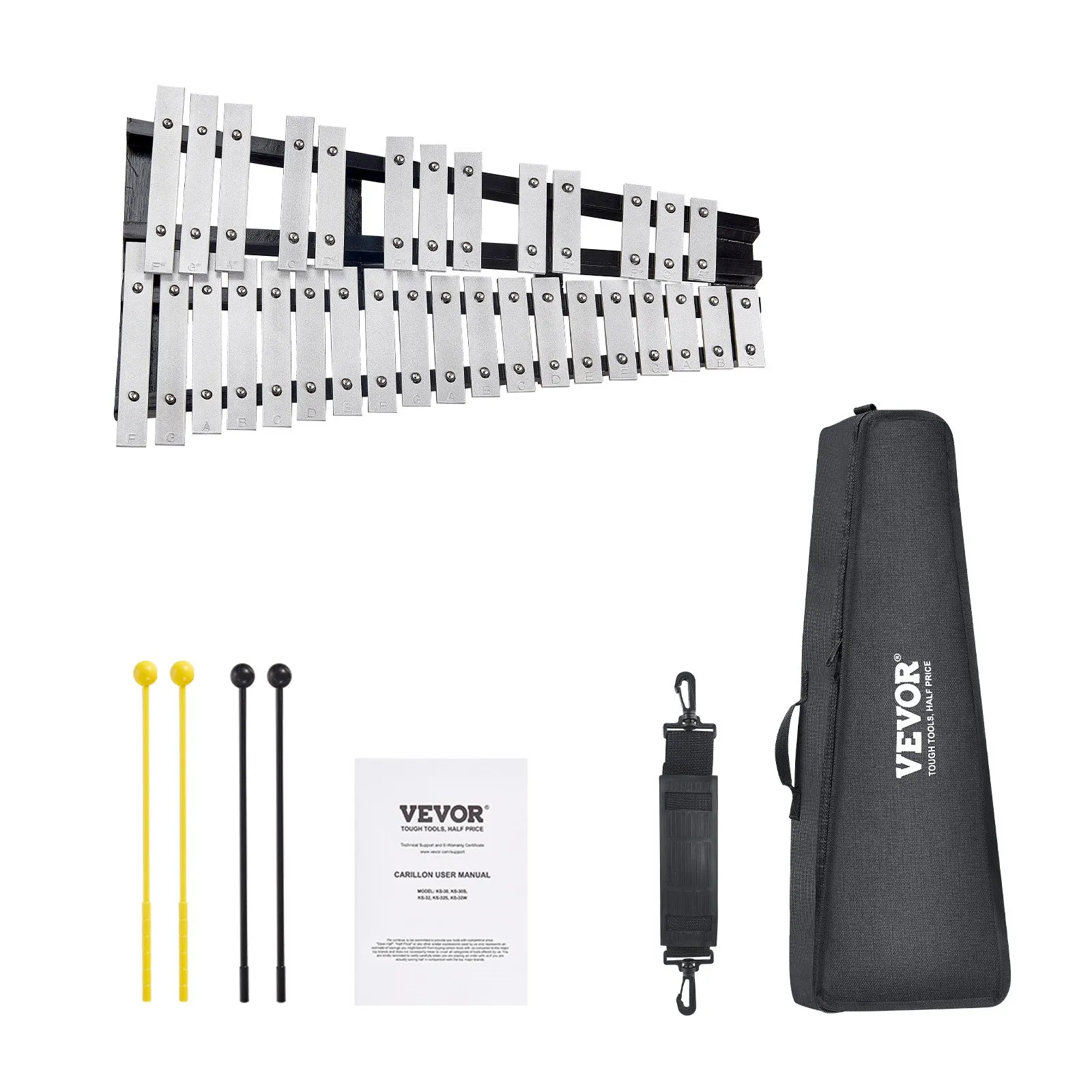 VEVOR glockenspiel xylophone with mallets, case, strap, and user manual for musical instruction.
