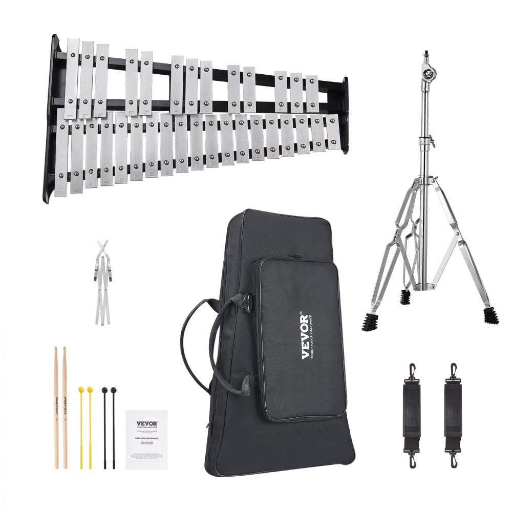 VEVOR glockenspiel kit with metal bars, mallets, stand, bag, and accessories for musical practice.