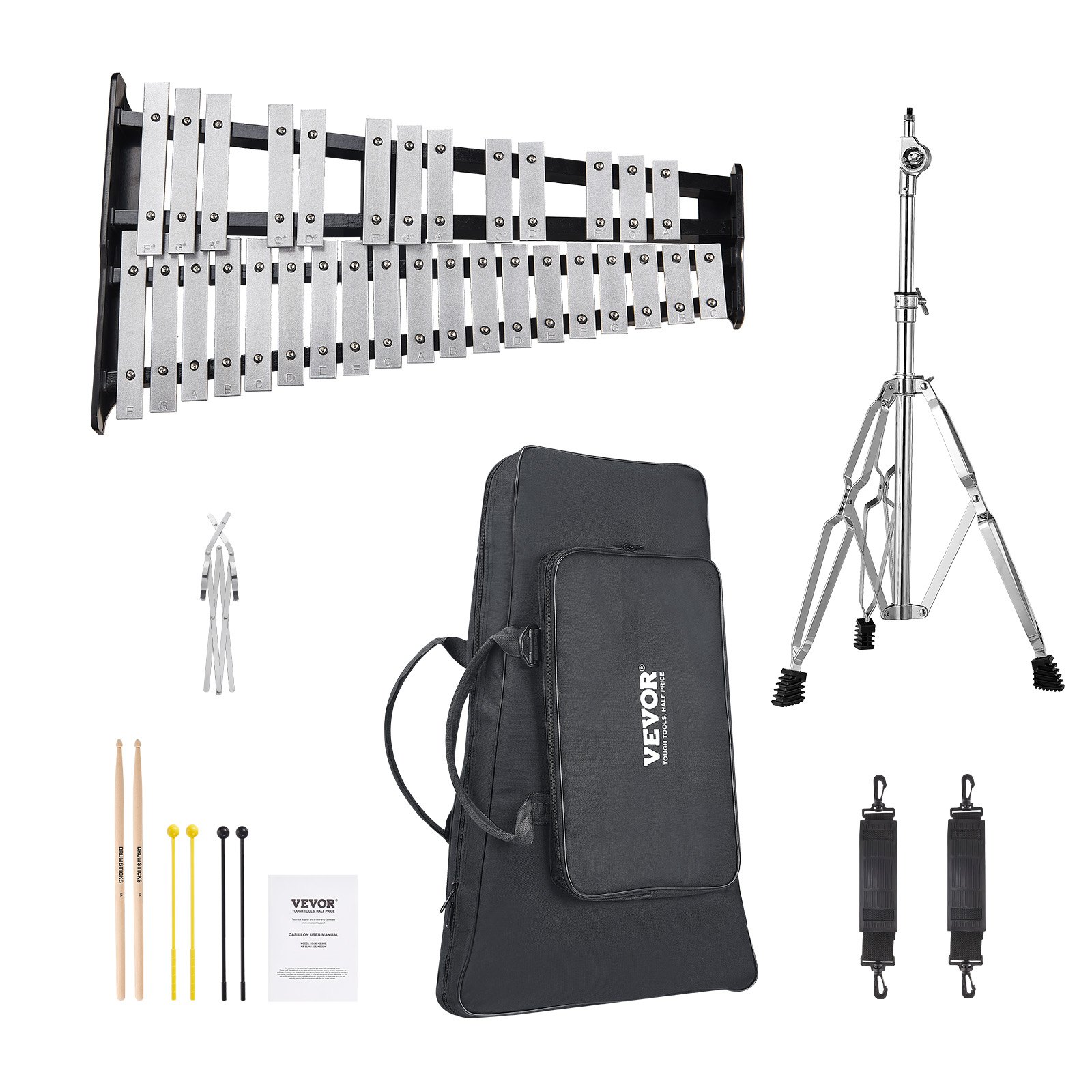 VEVOR glockenspiel kit with metal bars, mallets, stand, bag, and accessories for musical practice.