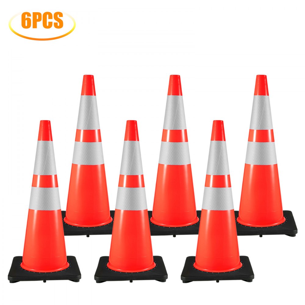 six VEVOR traffic cones with reflective stripes and one high-visibility safety vest.