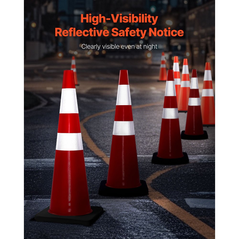 VEVOR 6Pack 36" Traffic Cones, Safety Road Parking Cone with Black Weighted Base, PVC Orange Traffic Safety Cones, Hazard Cones Reflective Collars for Construction Traffic Parking