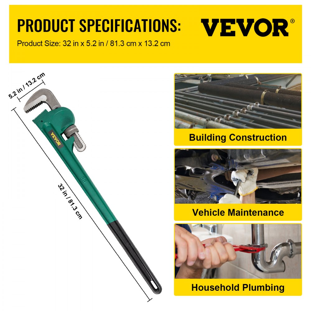 VEVOR 36-tums rakt rörnyckel i aluminium Idealisk för 2" till 3-1/2" rör justerbar VVS-rörnyckel Heavy Duty 5" käkkapacitet Rörmokare Tångverktyg