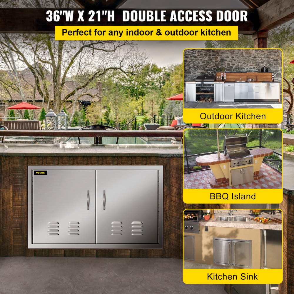 VEVOR Puerta de isla para barbacoa, marco biselado de 36 x 21, puerta de doble acceso ventilada, acero inoxidable para cocina al aire libre