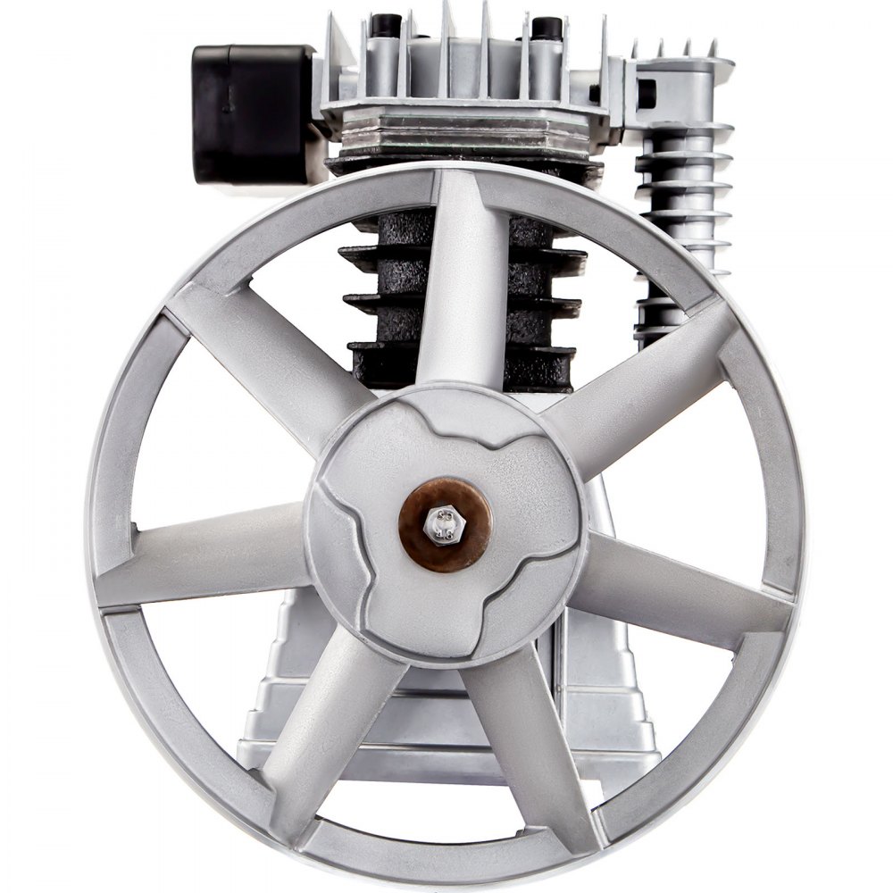 front view of VEVOR air compressor pump with metallic fan and fins.