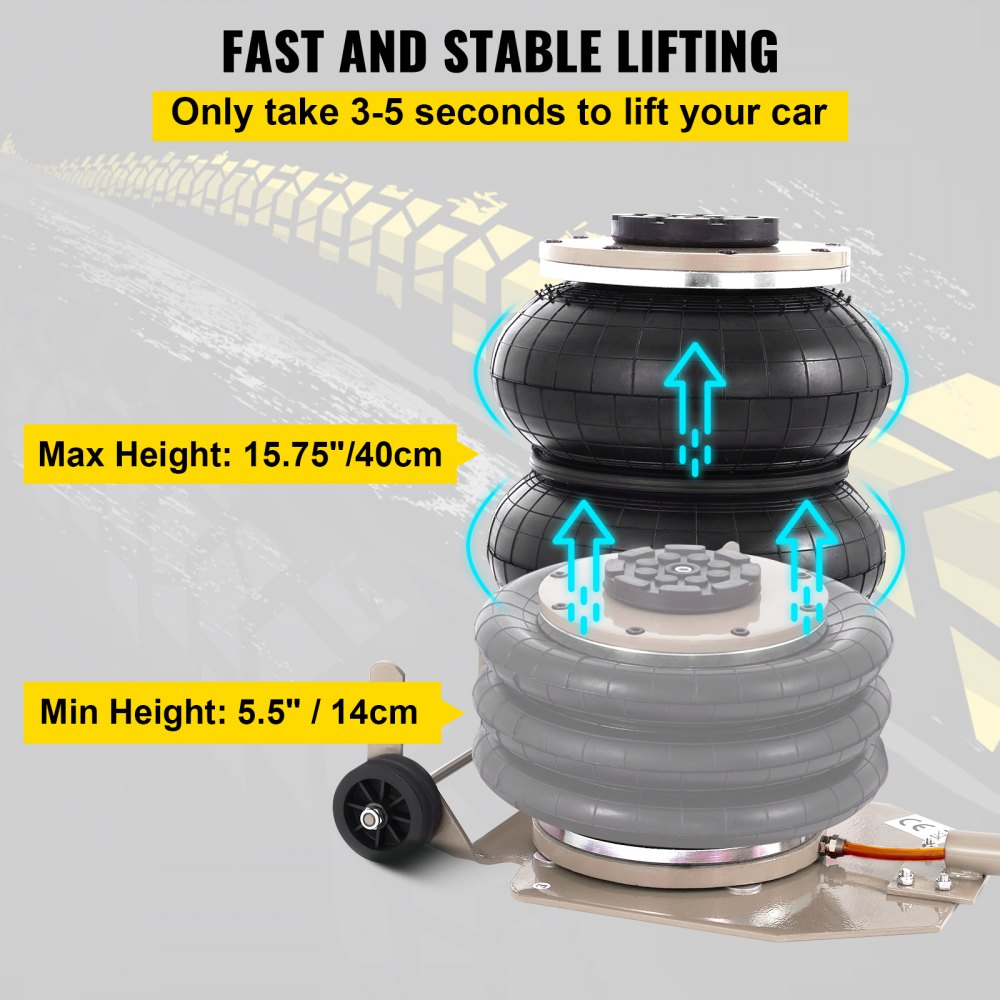 VEVOR Pneumatic Jack, 3 Ton/6600 LBS Air Bag Jack, Triple Bag Air Jack for Vehicle, Extremely Fast Lifting Action, Max Height 15.75"/400 mm, with Wheels, Long Handle