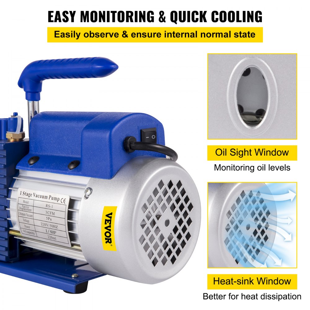 VEVOR 183 L/min(3CFM) 246W(1/3HP) Vacuum Pump Vacuum Pump 117 L/min(1.8CFM) 1 Stage Refrigeration Vacuum Pump Vacuum Chamber 1440RPM for the vacuum pumping with R12, R22, or R134a as a cold-producing medium