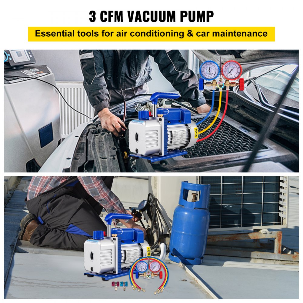 VEVOR 3CFM 84 L/M 1-Stage, Refrigerant Vacuum Pump Refrigeration Gauges A/C Air Conditioning 1440 RPM 1/4 HP, 3 pcs hoses 800 PSI Refrigeration Gauges