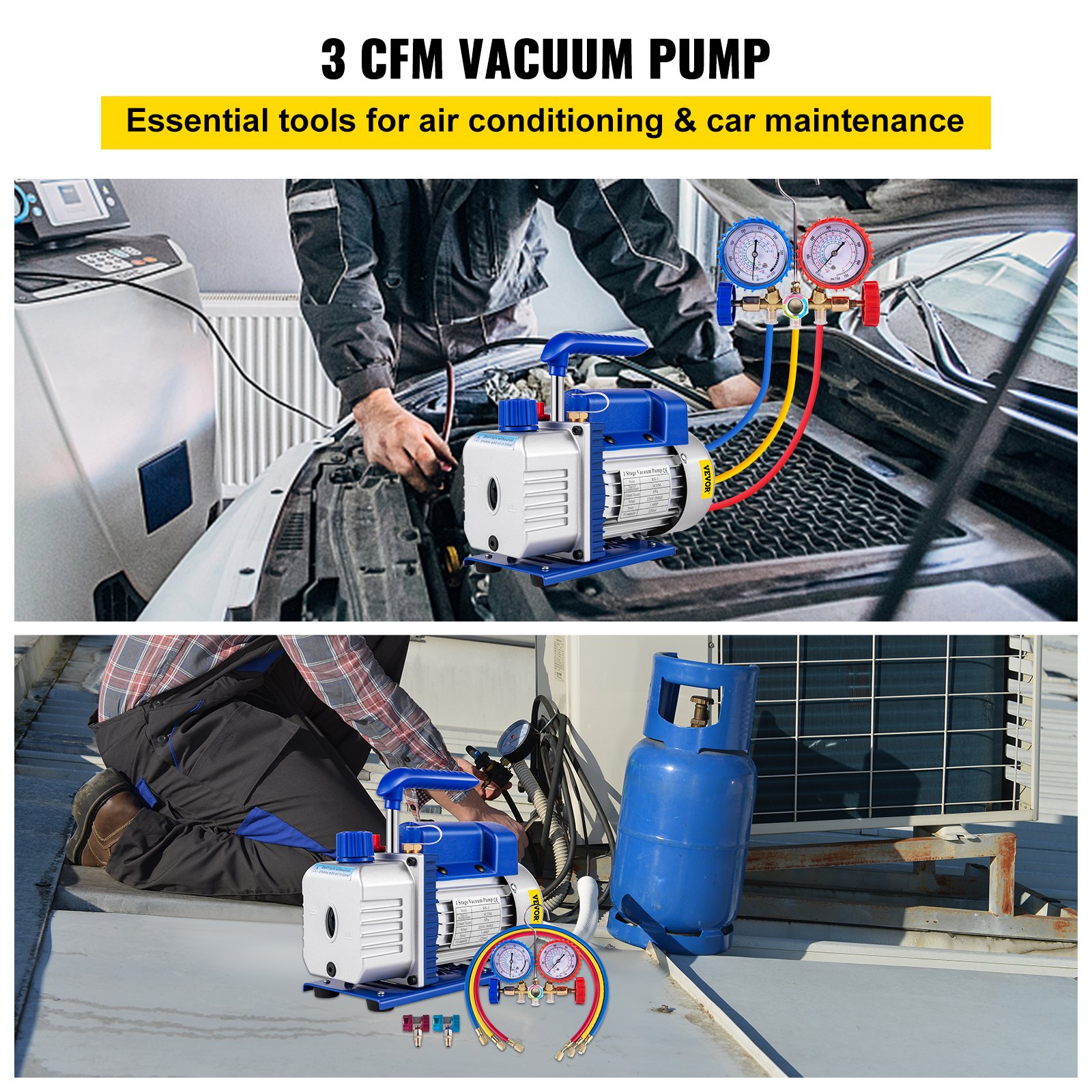VEVOR 3CFM 84 L/M 1-Stage, Refrigerant Vacuum Pump Refrigeration Gauges A/C Air Conditioning 1440 RPM 1/4 HP, 3 pcs hoses 800 PSI Refrigeration Gauges