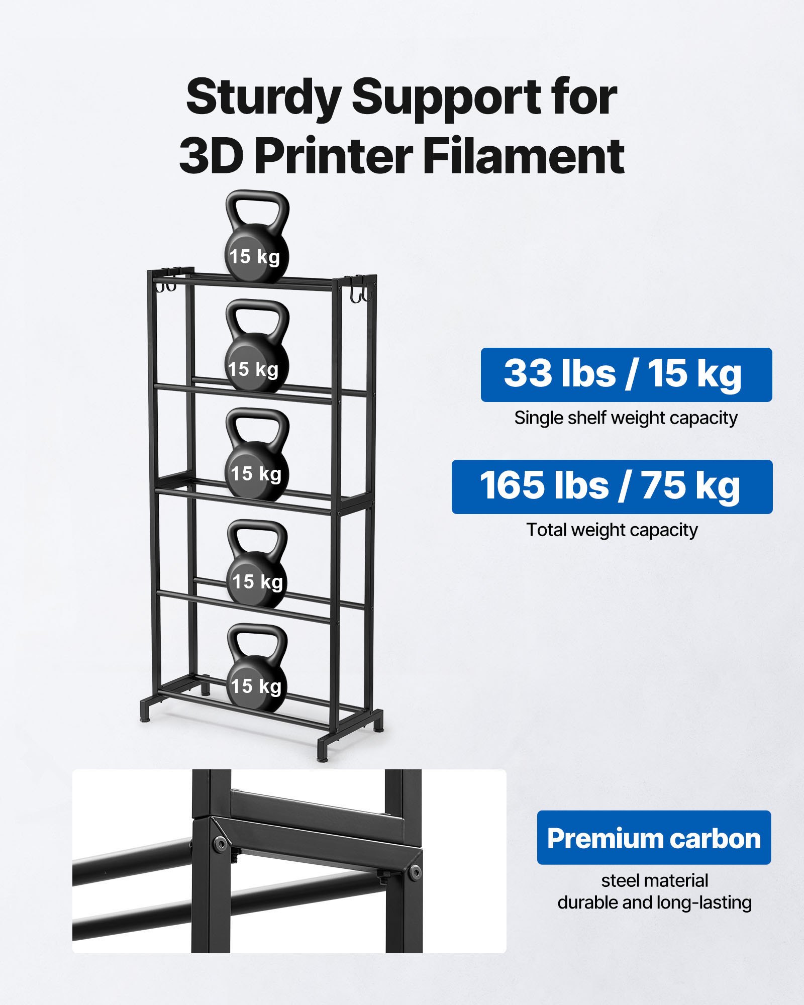 VEVOR 3D Printer Filament Storage Rack, 5 Tier Heavy Duty Storage Shelves for 3D Printing Filaments, Filament Spool Holders Racks for 3D Printing Studio, Home Studio, Office, Workshop (Shelf Only)