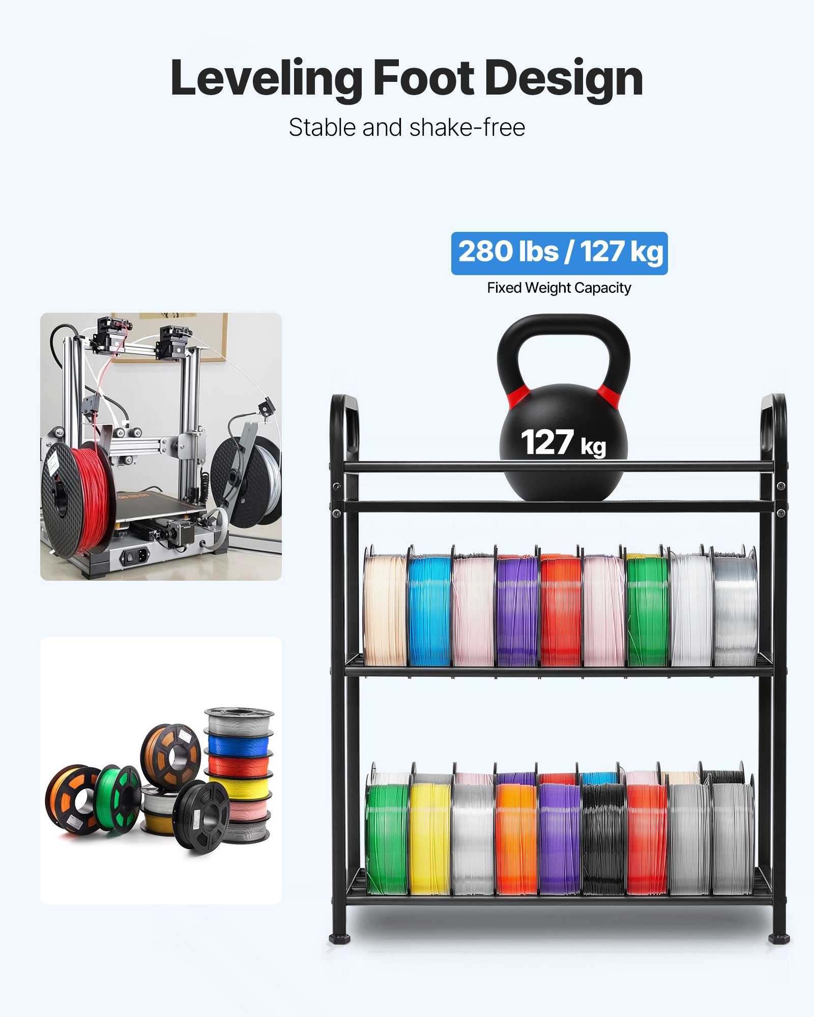 VEVOR 3D Printer Filament Storage Rack, 3 Tier Heavy Duty Storage Shelf, Rolling Filament Spool Holders Racks with Wheels, Filaments Organzied for 3D Printing Station, Office, Workshop (Shelf Only)