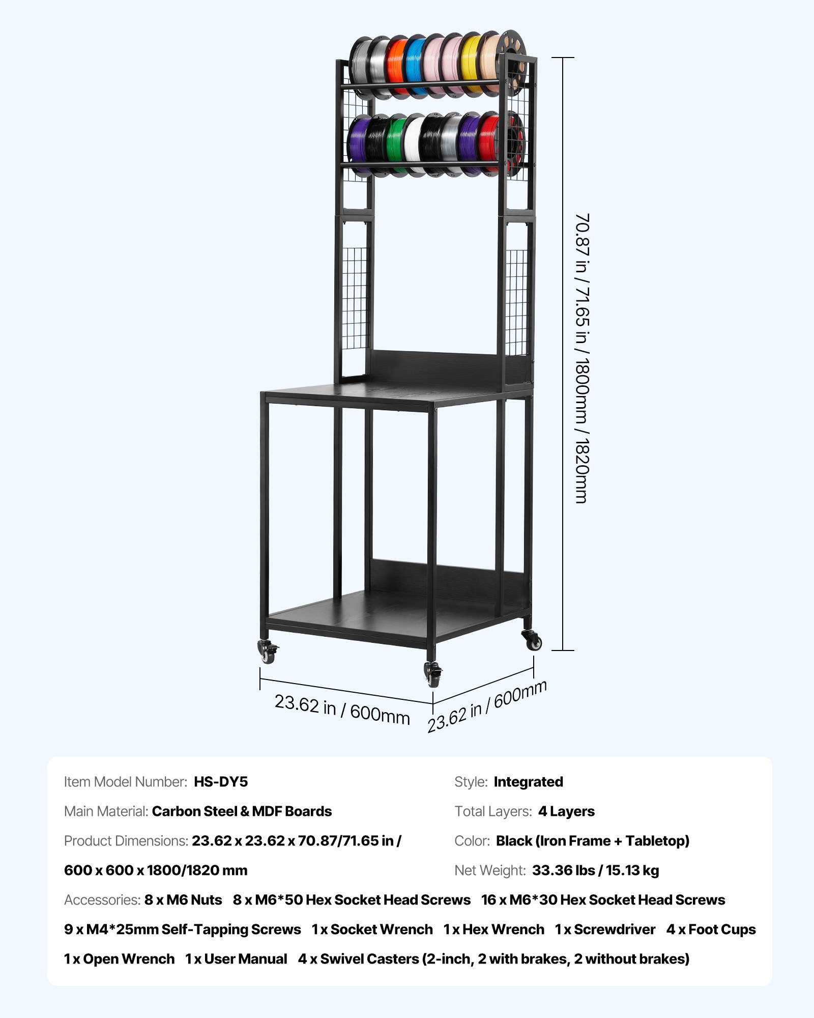 VEVOR 3D Printer Filament Storage Rack, 4-Tier 3D Printer Stand with Filament Storage, Spools Holder Racks Cart with Wheels, Filaments Organzied for 3D Printing Station, Office, Workshop (Shelf Only)