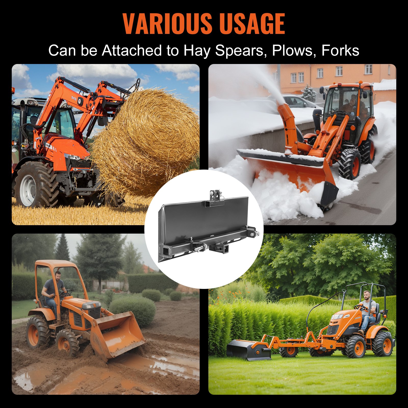 VEVOR Universal 3-point Skid Steer Plate, 3/8" Skid Steer Attachment Plate, 7000lbs Skid Steer Mount Plate Steel Adapter Loader, Compatible with Deere, Kubota, Bobcat, Mahindra Skid Steers, Tractors