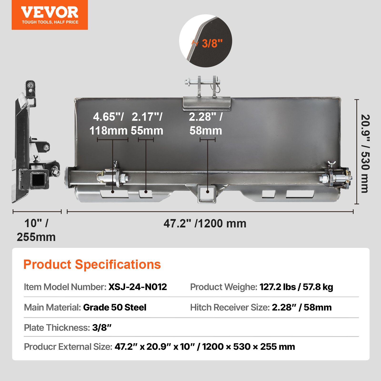 VEVOR Universal 3-point Skid Steer Plate, 3/8" Skid Steer Attachment Plate, 7000lbs Skid Steer Mount Plate Steel Adapter Loader, Compatible with Deere, Kubota, Bobcat, Mahindra Skid Steers, Tractors