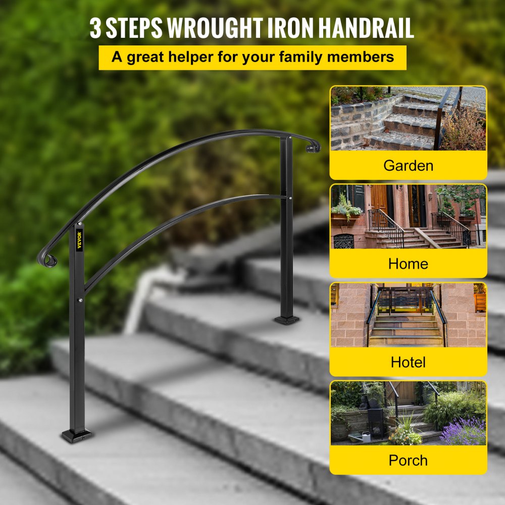 VEVOR Handrails for Outdoor Steps, Fit 1 or 3 Steps Outdoor Stair Railing, Black Wrought Iron Handrail, Flexible Front Porch Hand Rail, Transitional Handrails for Concrete Steps or Wooden Stairs