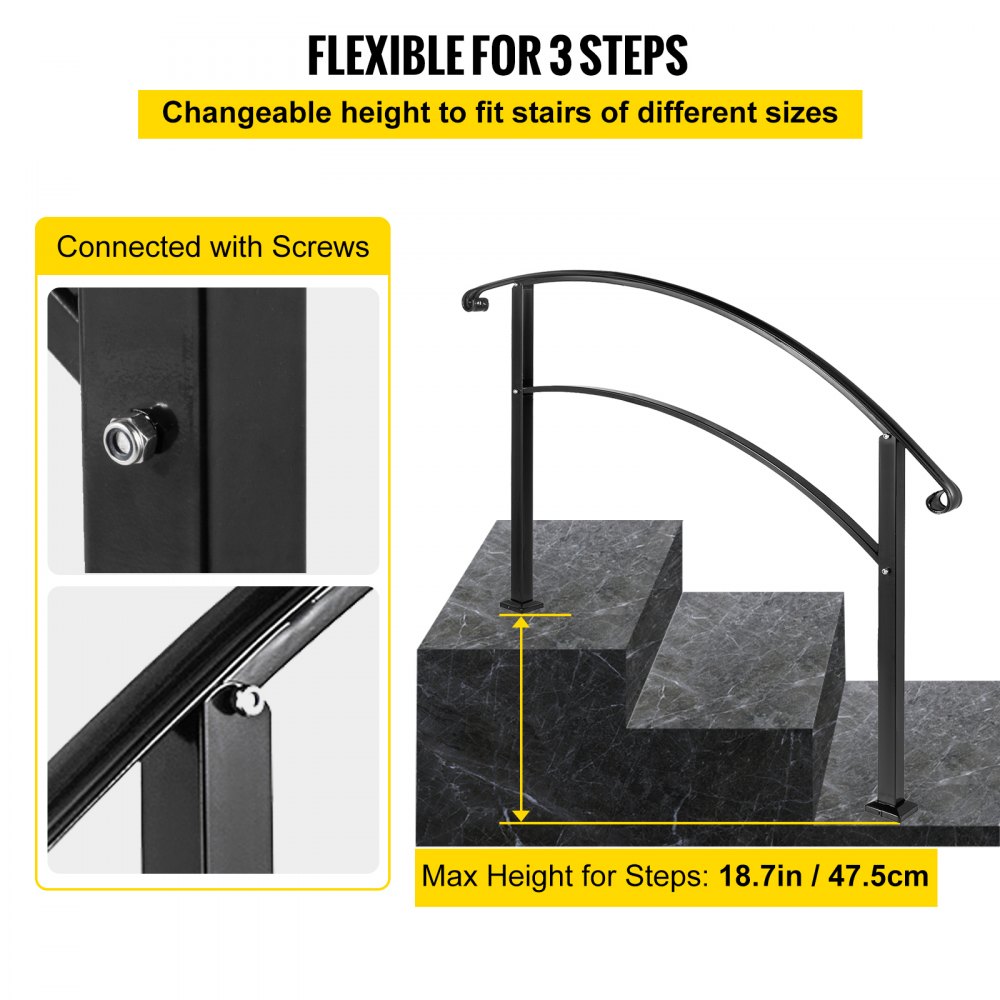 VEVOR Handrails for Outdoor Steps, Fit 1 or 3 Steps Outdoor Stair Railing, Black Wrought Iron Handrail, Flexible Front Porch Hand Rail, Transitional Handrails for Concrete Steps or Wooden Stairs