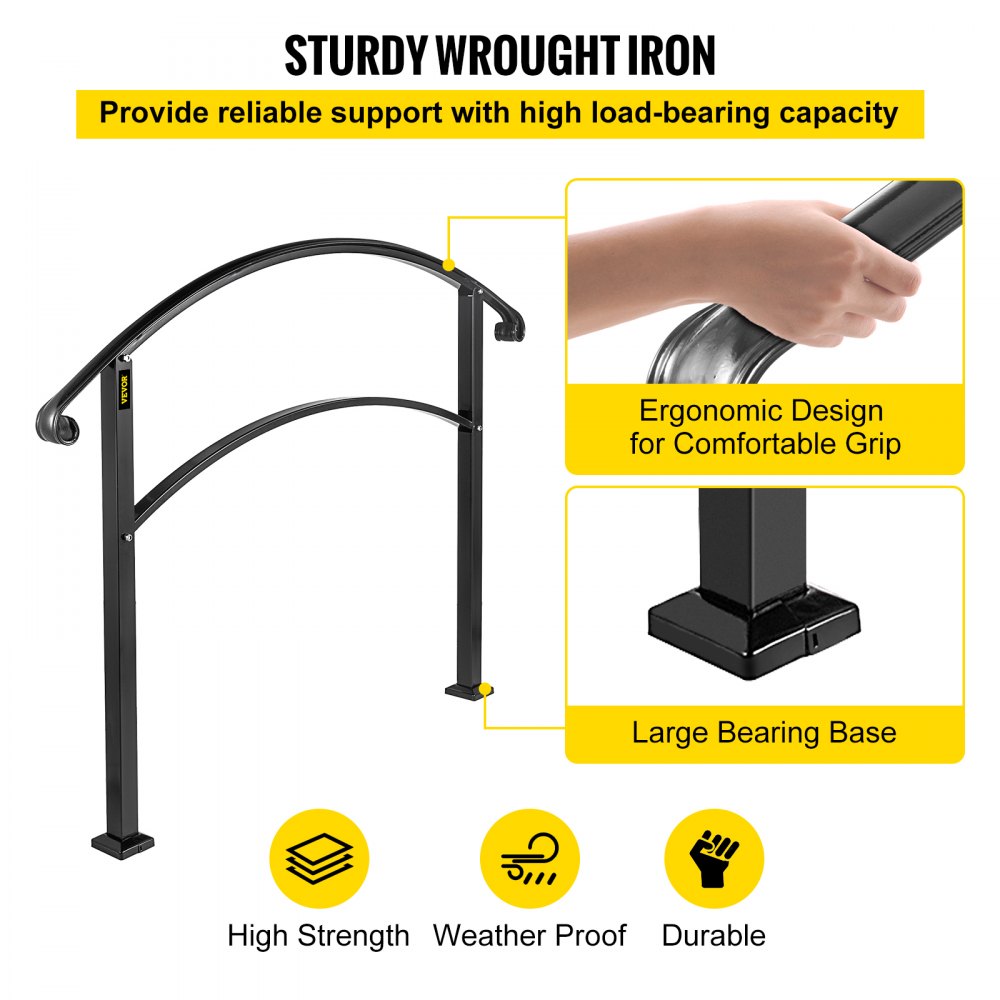 VEVOR Handrails for Outdoor Steps, Fit 1 or 3 Steps Outdoor Stair Railing, Black Wrought Iron Handrail, Flexible Front Porch Hand Rail, Transitional Handrails for Concrete Steps or Wooden Stairs