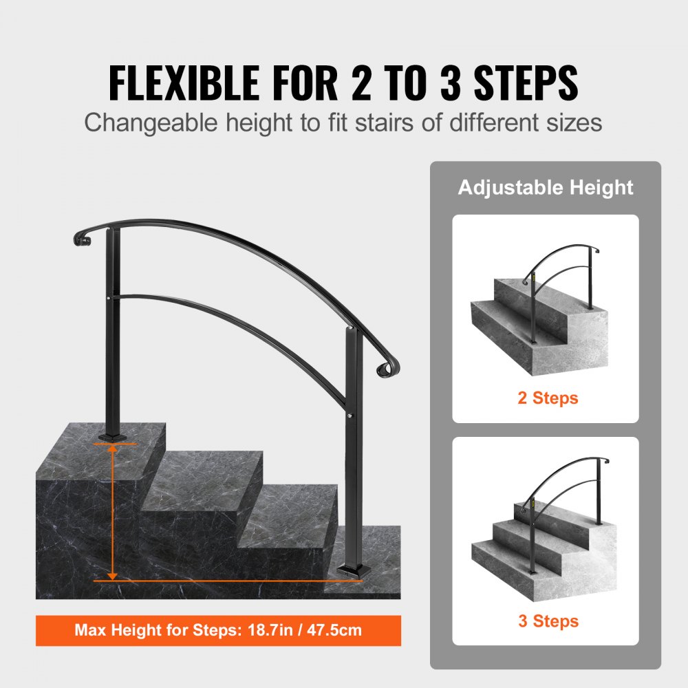 VEVOR Handrails for Outdoor Steps, Fit 1 or 3 Steps Outdoor Stair Railing, Black Wrought Iron Handrail, Flexible Front Porch Hand Rail, Transitional Handrails for Concrete Steps or Wooden Stairs