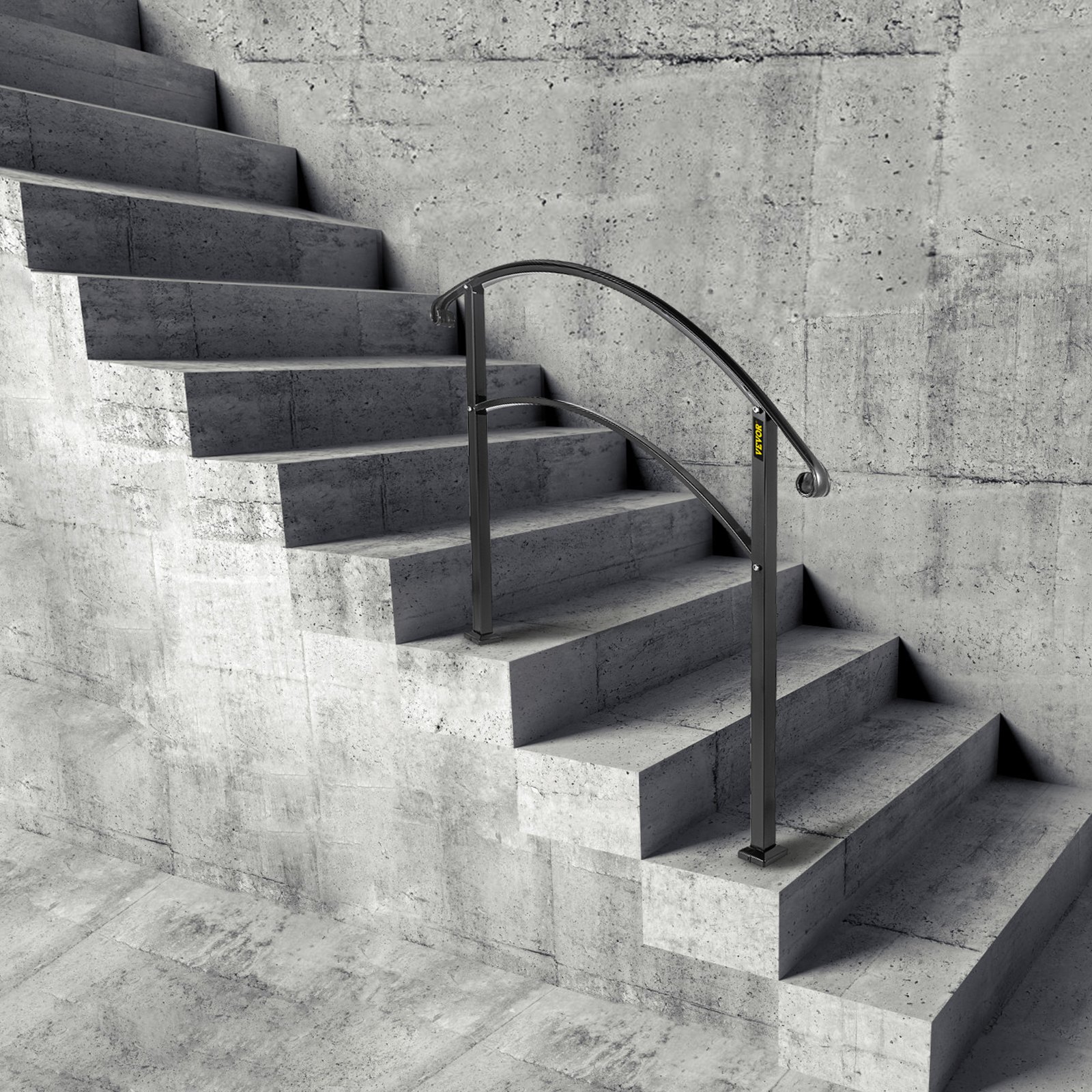 VEVOR Handrails for Outdoor Steps, Fit 1 or 3 Steps Outdoor Stair Railing, Black Wrought Iron Handrail, Flexible Front Porch Hand Rail, Transitional Handrails for Concrete Steps or Wooden Stairs