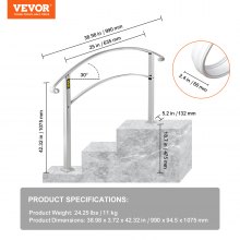 VEVOR Handrails for Outdoor Steps, Fit 1 or 3 Steps Outdoor Stair Railing, White Wrought Iron Handrail, Flexible Front Porch Hand Rail, Transitional Handrails for Concrete Steps or Wooden Stairs
