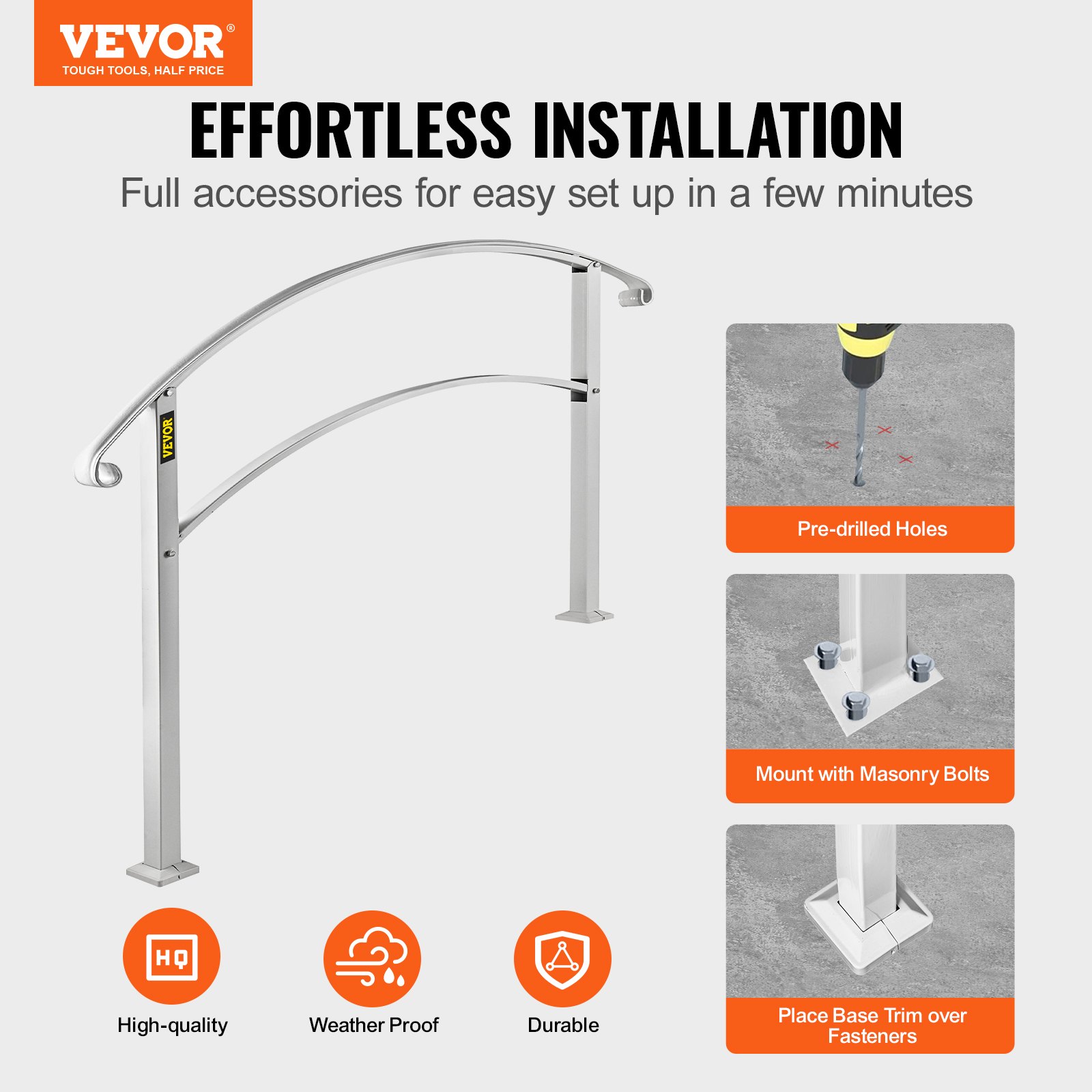 VEVOR Handrails for Outdoor Steps, Fit 1 or 3 Steps Outdoor Stair Railing, White Wrought Iron Handrail, Flexible Front Porch Hand Rail, Transitional Handrails for Concrete Steps or Wooden Stairs