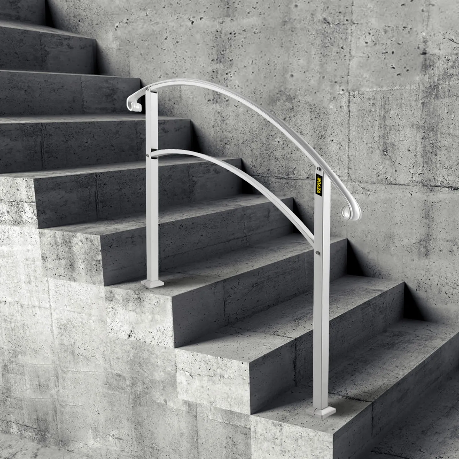modern concrete stairs with sleek white VEVOR handrails for safety and aesthetics.
