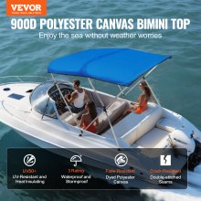 VEVOR 3 Bow Bimini Top Boat Cover, 900D Polyester Canopy s 1" rámem z hliníkové slitiny, voděodolný a sluneční clona, ​​včetně úložné botičky, 2 podpůrné tyče, 4 popruhy, 6'L x 46"H x 54"-60"W, Pacific Modrý