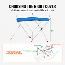 VEVOR 3 Bow Bimini Top Boat Cover, 900D Polyester Canopy with 1" Aluminum Alloy Frame, Waterproof and Sun Shade, Includes Storage Boot, 2 Support Poles, 4 Straps, 6'L x 46"H x 54"-60"W, Pacific Blue