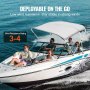 VEVOR bimini top on a white speedboat with four passengers, deployed on open water with wind resistance rating 3-4.