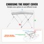 VEVOR bimini top measurement guide showing length, width, and height dimensions for various boat sizes.