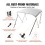 VEVOR 3 Bow Bimini Top Boat Cover, 900D Polyester Canopy with 1" Aluminum Alloy Frame, Waterproof and Sun Shade, Includes Storage Boot, 2 Support Poles, 4 Straps, 6'L x 46"H x 54"-60"W, Light Grey