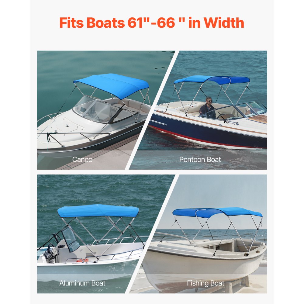 VEVOR 3 Bow Boat Bimini Tops, 600D Polyester Canopy with Aluminum Alloy Frame, Waterproof & Sun Shade Boat Awning Canopy with Storage Bag, 2 Support Poles, 4 Straps, 6'Lx(61"-66")W x46"H, Pacific Blue