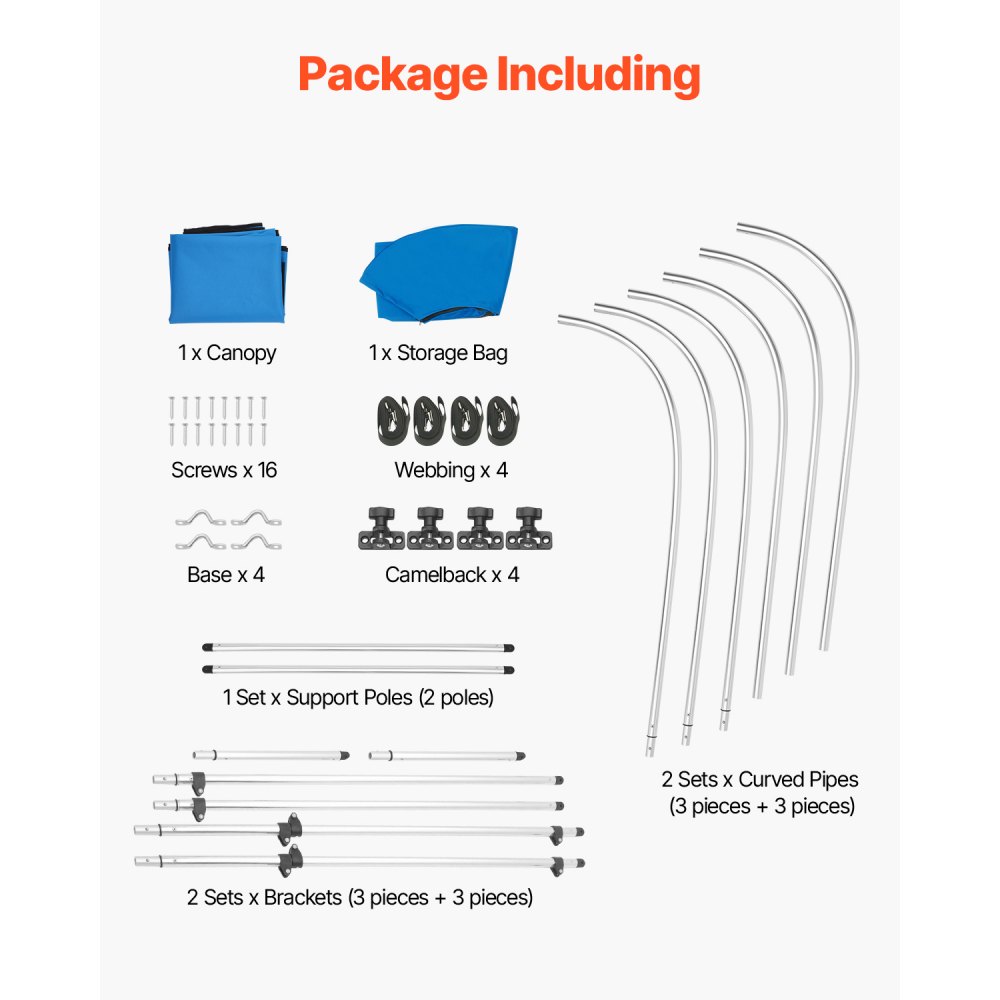 VEVOR 3 Bow Boat Bimini Tops, 600D Polyester Canopy with Aluminum Alloy Frame, Waterproof & Sun Shade Boat Awning Canopy with Storage Bag, 2 Support Poles, 4 Straps, 6'Lx(61"-66")W x46"H, Pacific Blue