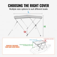 VEVOR 3 Bow Bimini Top Boat Cover, 900D Polyester Canopy with 1" Aluminum Alloy Frame, Waterproof and Sun Shade, Includes Storage Boot, 4 Straps, 2 Support Poles, 6'L x 46"H x 61"-66"W, Light Grey