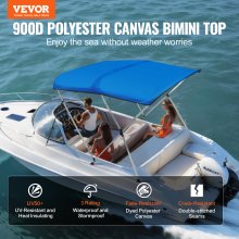 VEVOR 3 Bow Bimini Top Boat Cover, 900D Polyester Canopy with 1" Aluminum Alloy Frame, Waterproof and Sun Shade, Includes Storage Boot, 4 Straps, 2 Support Poles, 6'L x 46"H x 61"-66"W, Pacific Blue