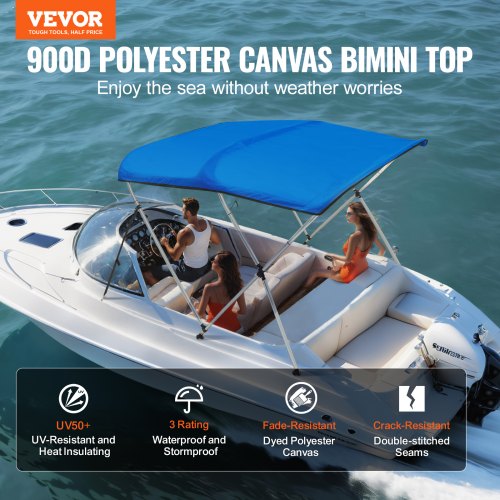 VidaXL Blue/Black 3-Bow Bimini Top Boat Canopy With UV-Proof Polyester Canvas, Mesh Sidewalls, Aluminum Frame, Marine-Grade Stainless Steel